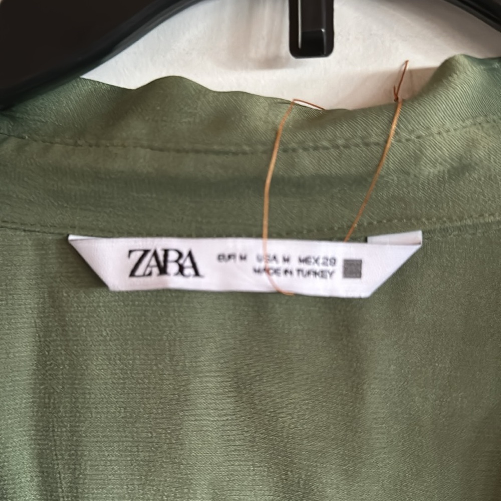 {VGUC} $89 ZARA Khaki Green Satin Belted Mini Shirt Dress - Picture 7 of 11